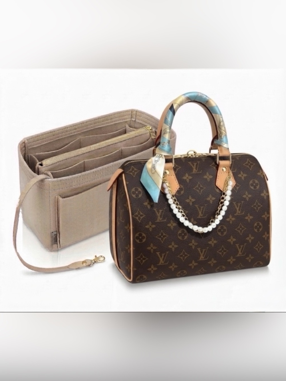 Taupe Purse Organizer Insert with Multiple Pockets